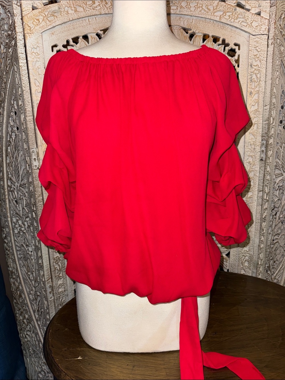 CeCe Bright Red Off-Shoulder Ruffle Sleeve Blouse